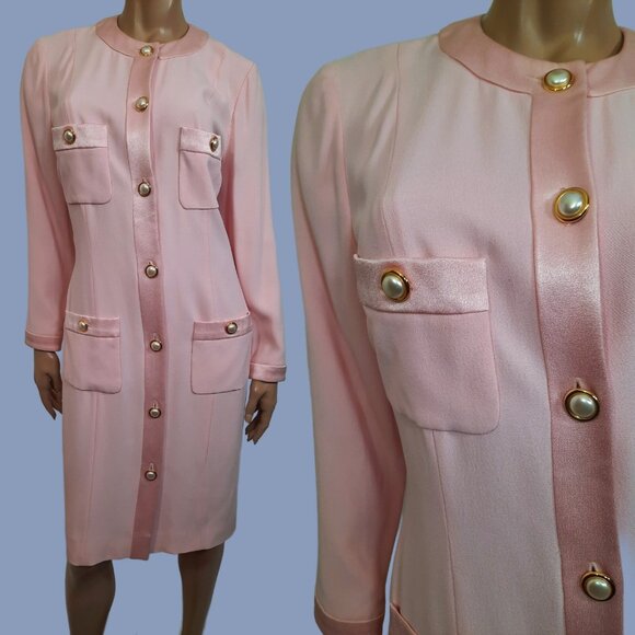 Vintage 80s Albert Nipon Button Front Sheath M Pink Elegant Mid Length Day Dress - Picture 1 of 12